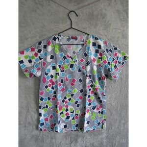 Sherly Uniforms Scrub Top Womens Medium Retro Geometric Squares‎ Stripes V-Neck